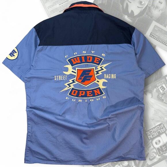 Blue/Orange Universal Studios Fast & Furious Graphic Embroidered Button Up - Picture 1 of 4